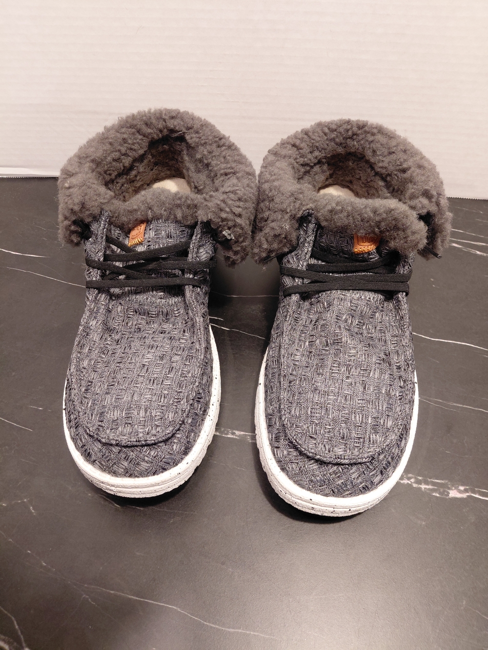 Hey Dude Women's Charcoal Grey Knit Slip-Ons with Faux Fur